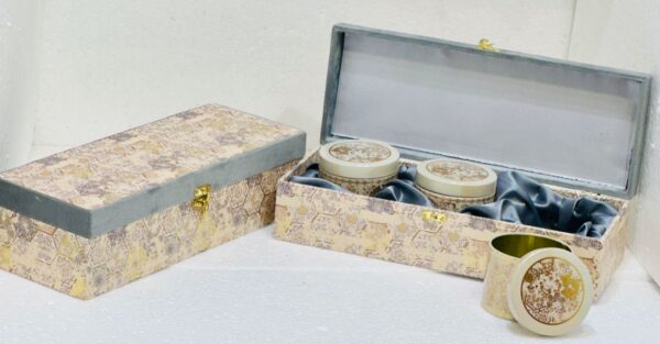 Classic hexagon-shaped gift hampers box with 3 jars, ideal for wedding favors, elegant gifts, and unique celebrations.