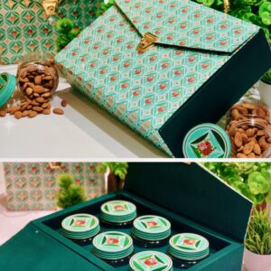 Elegant moss green gift hampers box featuring 6 jars, ideal for wedding favors, stylish gifts, and memorable occasions.