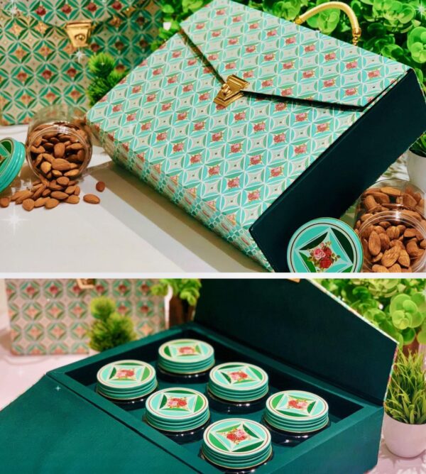 Elegant moss green gift hampers box featuring 6 jars, ideal for wedding favors, stylish gifts, and memorable occasions.