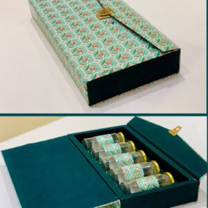 Stylish moss green gift hampers box featuring 5 jars, perfect for wedding favors, elegant gifts, and special celebrations.