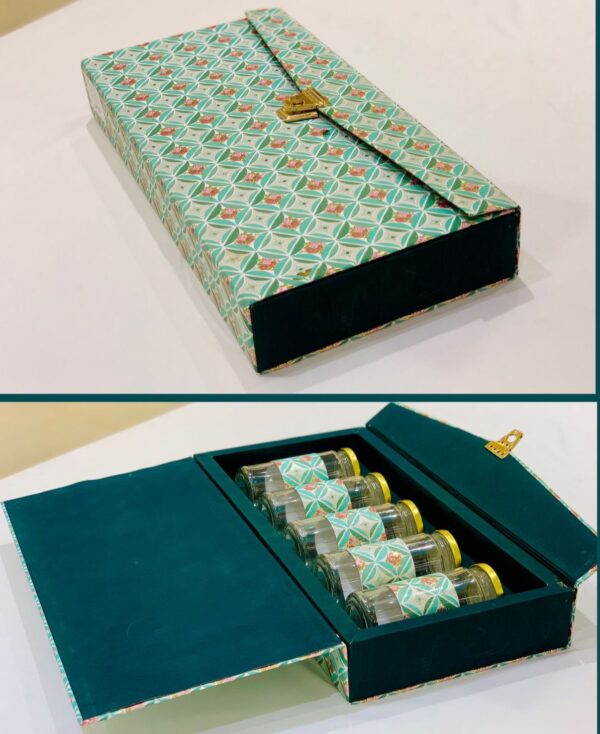 Stylish moss green gift hampers box featuring 5 jars, perfect for wedding favors, elegant gifts, and special celebrations.