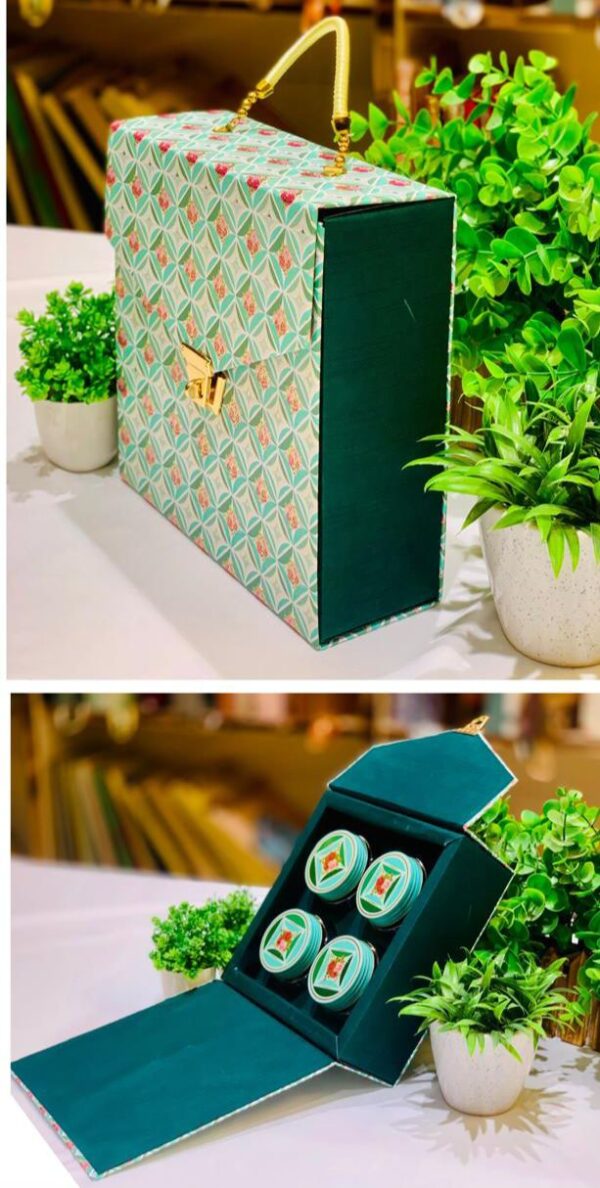 Elegant gift hampers box featuring 4 jars in moss green, ideal for wedding favors, stylish gifts, and special occasions.