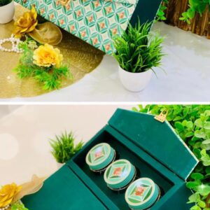 Stylish gift hampers box with 3 jars in moss green, perfect for wedding favors, elegant gifts, and memorable celebrations.