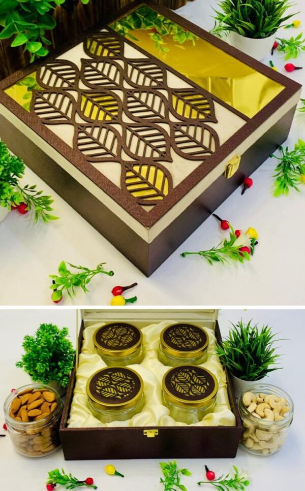 Nature-inspired gift hampers box featuring 4 jars, ideal for eco-friendly wedding favors and thoughtful gifts.