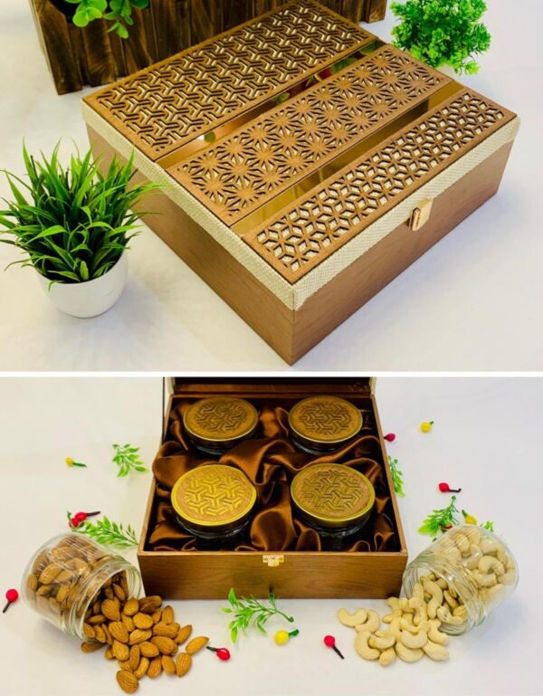 Elegant gift hampers box featuring 4 jars, perfect for wedding favors, elegant gifts, and memorable celebrations.