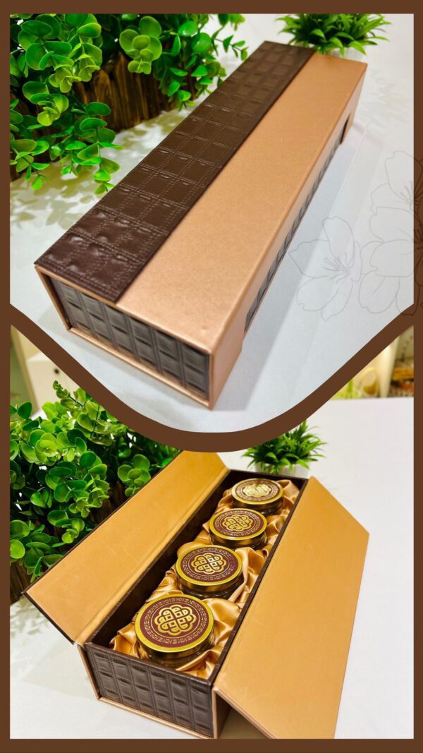 Elegant gift hampers box featuring 4 jars, ideal for wedding favors, indulgent gifts, and special occasions.