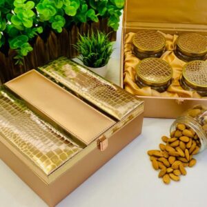 Stylish gift hampers box with croc design and 4 jars, ideal for elegant wedding favors, luxurious gifts, and special occasions.