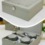 Luxury gift hampers box with quilted silver pattern, featuring 4 jars, perfect for wedding favors and stylish gifting.