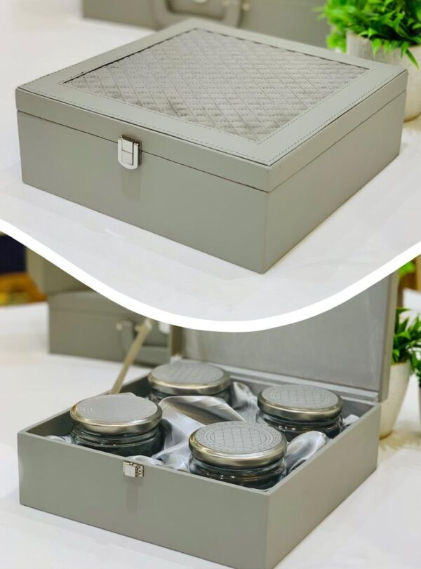 Luxury gift hampers box with quilted silver pattern, featuring 4 jars, perfect for wedding favors and stylish gifting.