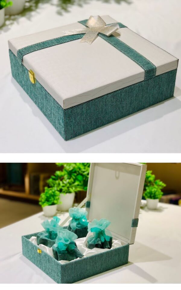 Aqua Elegance 4 Jar Hamper gift box, perfect for wedding favors and elegant gifting options for special occasions.