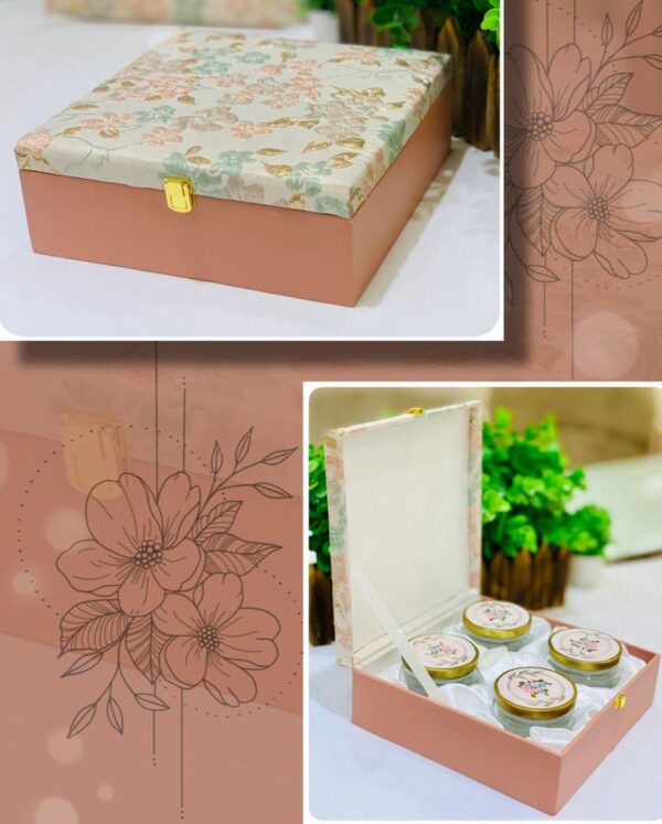 Charming gift hampers box featuring 4 jars, perfect for wedding favors, floral gifts, and thoughtful presents for guests.