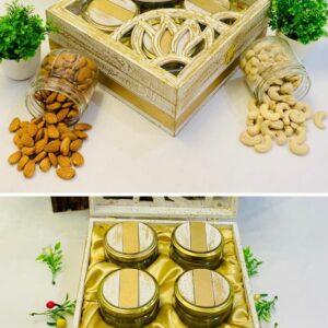 Luxurious gift hampers box featuring 4 jars, ideal for wedding favors, gourmet treats, and elegant gift baskets.