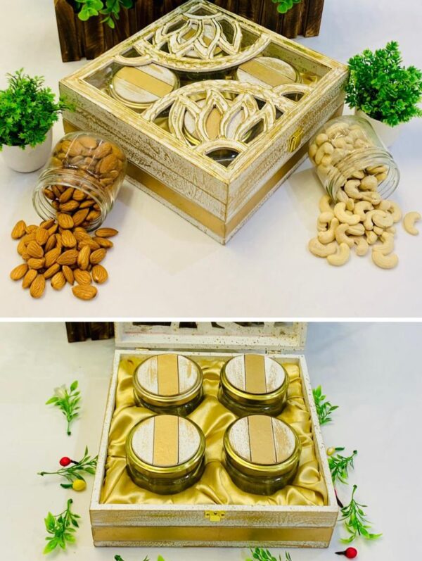 Luxurious gift hampers box featuring 4 jars, ideal for wedding favors, gourmet treats, and elegant gift baskets.