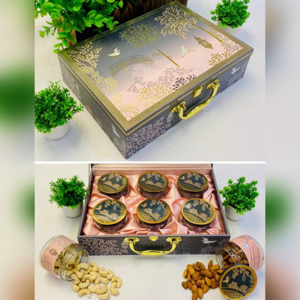 Opulent gift hampers box with 6 jars, ideal for elegant wedding favors, luxury gifts, and special occasions.