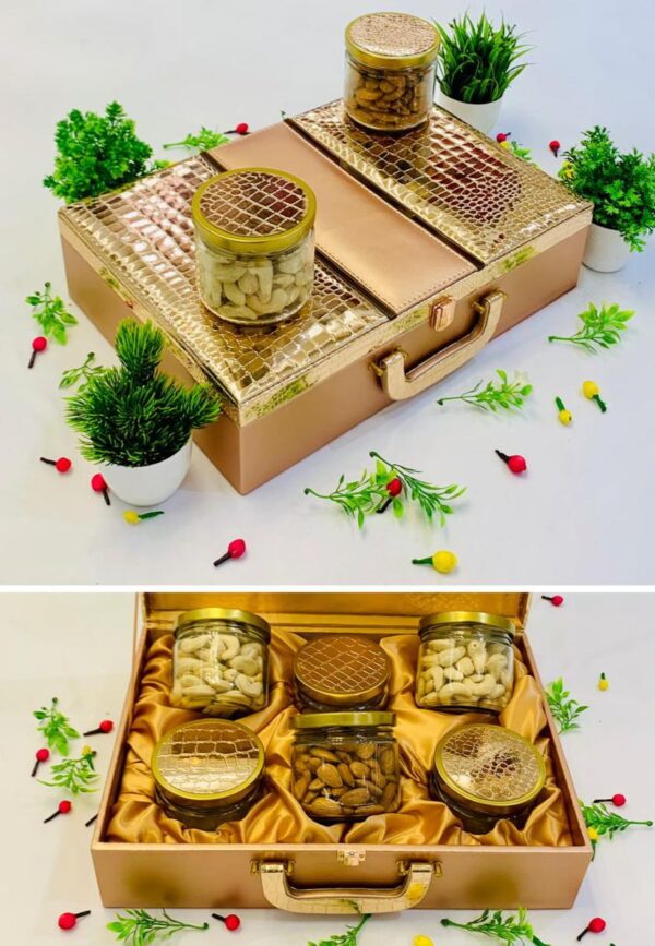 Chic gift hampers box featuring a croc design and 6 jars, perfect for elegant wedding favors and luxurious gifts.
