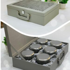 Elegant gift hampers box with quilted silver design, featuring 6 jars, ideal for wedding favors and luxury gifts.