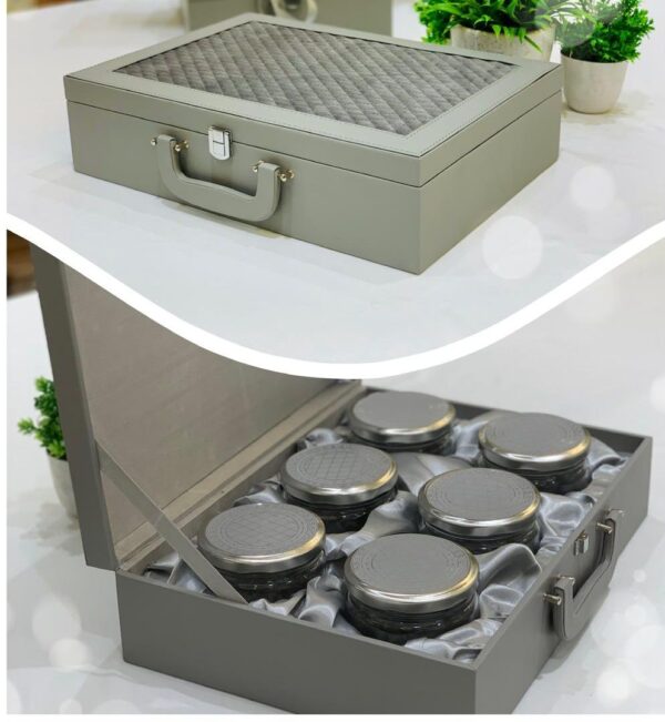 Elegant gift hampers box with quilted silver design, featuring 6 jars, ideal for wedding favors and luxury gifts.
