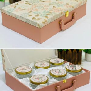 Sophisticated gift hampers box featuring 6 jars, ideal for elegant wedding favors, gift baskets, and memorable celebrations.