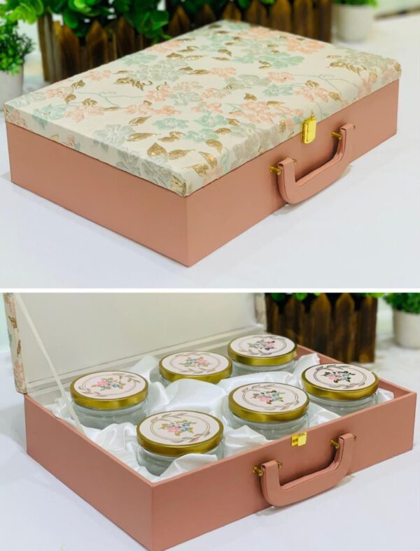 Sophisticated gift hampers box featuring 6 jars, ideal for elegant wedding favors, gift baskets, and memorable celebrations.