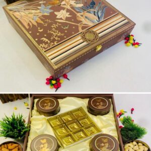 Blush Gold Daisy Delight hamper with 4 jars and 9 chocolate cavities, perfect for wedding favors and elegant gifting.