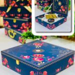 Luxurious gift hampers box featuring 4 jars and 9 chocolate cavities, ideal for elegant wedding favors and gourmet treats.