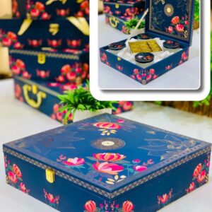 Luxurious gift hampers box featuring 4 jars and 9 chocolate cavities, ideal for elegant wedding favors and gourmet treats.