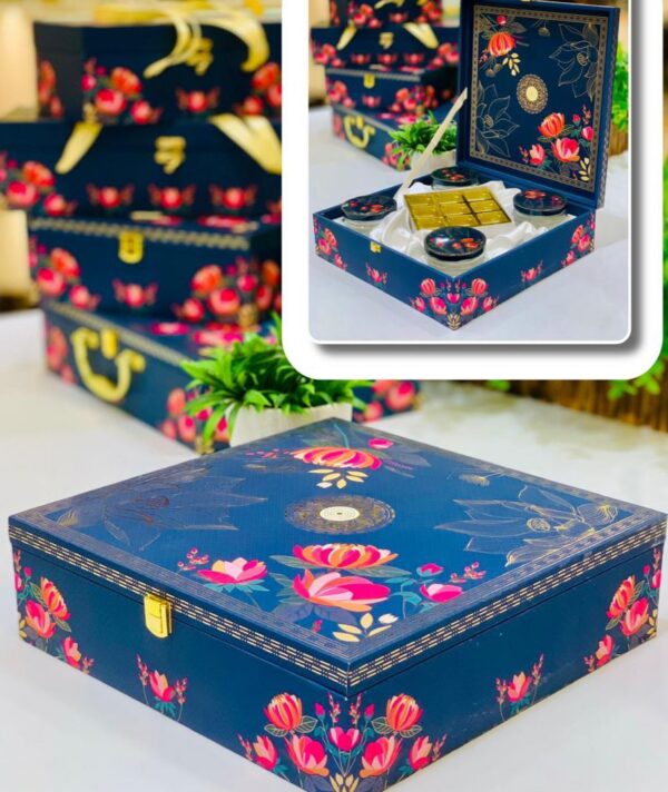 Luxurious gift hampers box featuring 4 jars and 9 chocolate cavities, ideal for elegant wedding favors and gourmet treats.